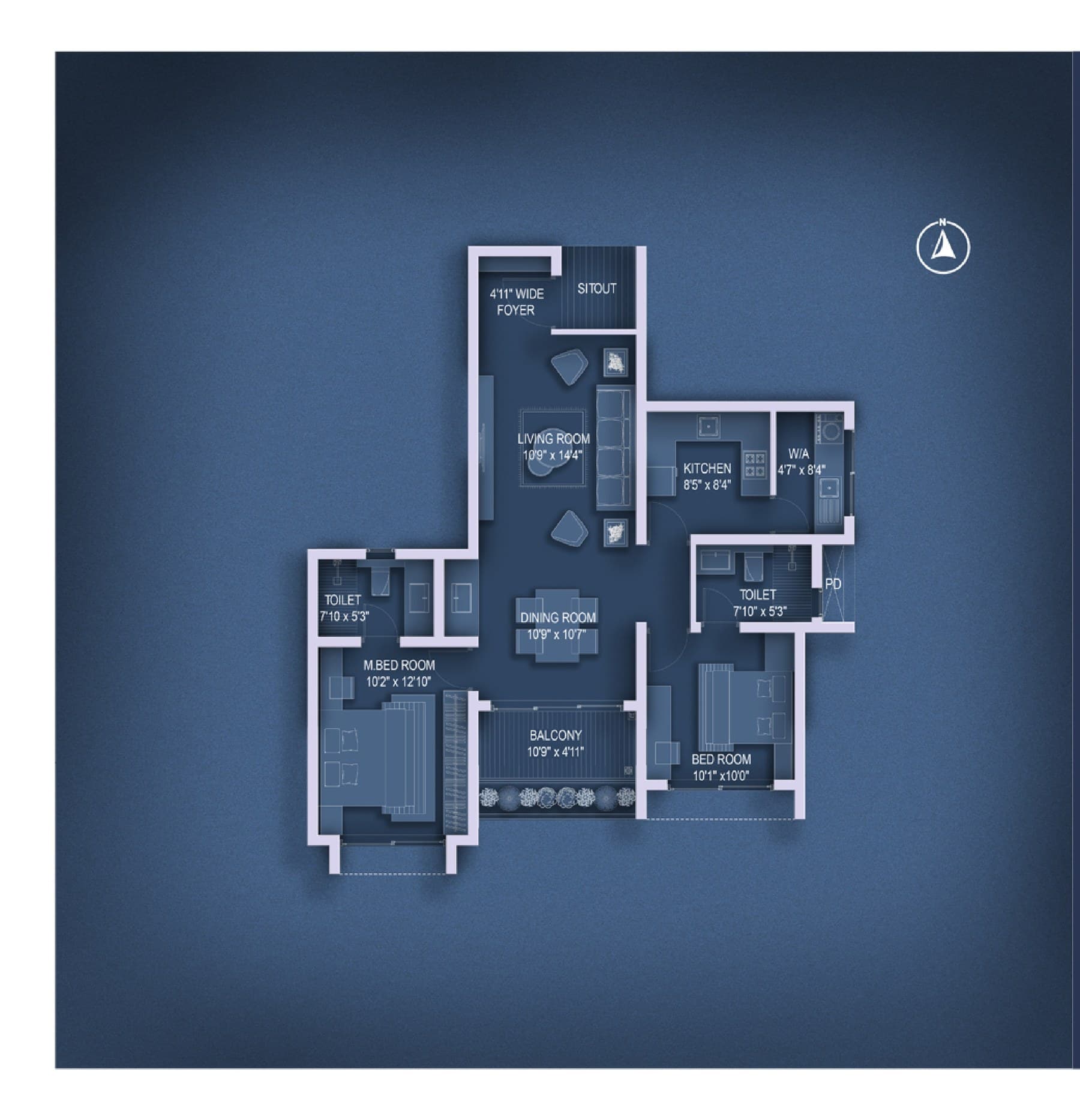 2 BHK floor plan — sample layout